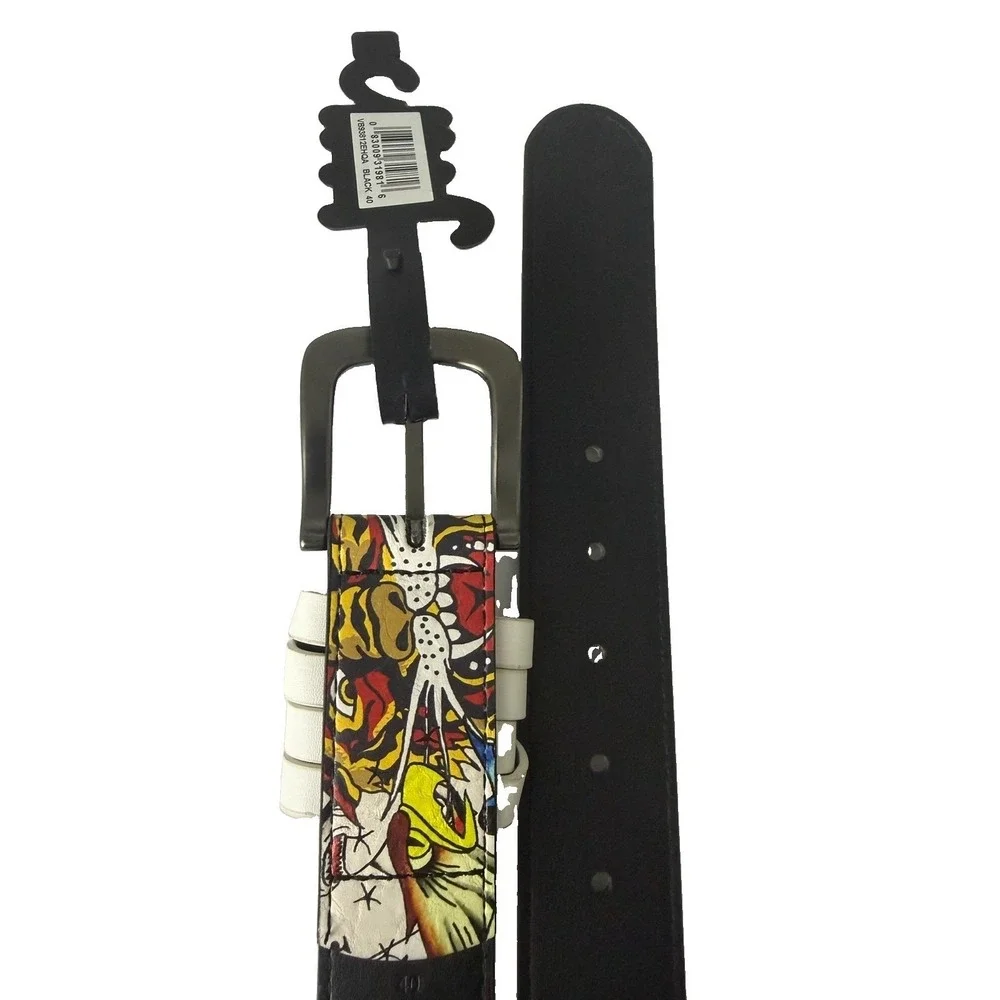 Ed Hardy Men's Skull Tiger Panther Print Belt With Hammered Rivet Studs SZ 40 NW